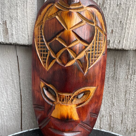 Fijian Tiki Vtg Wooden Tribal Mask Lot of 2 Hand Carved Wall Art - Picture 8 of 12
